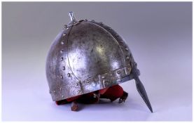 Reproduction Steel Anglo Saxon Helmet with rivitted straps to the shaped top.