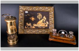 Mixed Lot Comprising A Welsh Miners Lamp, Oak Desk Inkwell With Chrome Mounts And A Brass Framed