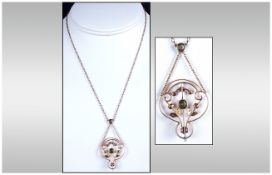 Edwardian 9ct Gold Art Nouveau Pendant And Chain set with aquamarine & seed pearls. Marked 9ct. 20''