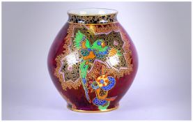 Crown Devon Lustre Vase ' Birds ' Pattern on Ruby Red Ground. c.1920's. Height 4.5 Inches.