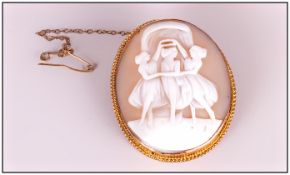 9ct Gold Set Cameo Brooch, Depicting The 3 Graces, Not Marked but Tests Gold.