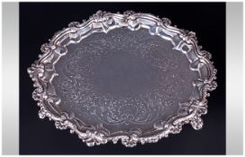 George III Fine Silver Salver with Scroll and Shell Border, Raised on Three Ornate Feet. Hallmark