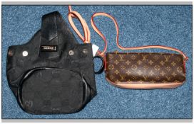 2 Fashion Handbags One In The Style Of Gucci Black Leather & Canvas 30x23cm, The Other In The