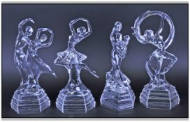 Set Of Four Moulded Glass Figures Of Dancing Girls probably French In the deco style. 12'' in