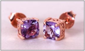 Rose de France Amethyst Stud Earrings, cushion cut solitaire amethysts in rose gold vermeil and