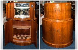 Demi Lune Walnut 1940/1950's Cocktail Cabinet,The Top Cupboard Fitted With a Decorated Mirror Back