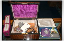 Victorian Inlaid Jewellery Box Containing A Mixed Lot Of Costume Jewellery, Comprising Brooches,