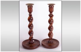 Pair of 1930's Oak Barley Twist Candlesticks, 14 inches high.