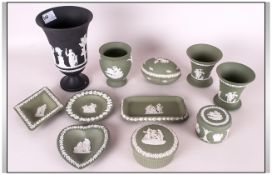 Collection Of Green & White Wedgwood Jasperware including vases, trinket pots, pin trays plus