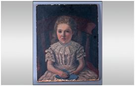 A Victorian Oil Painting On Canvas of a young girl in a chair holding a book. Dressed in traditional
