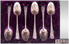 Edwardian Boxed Set of Six Ornate Silver Spoons. Hallmark Sheffield 1909.