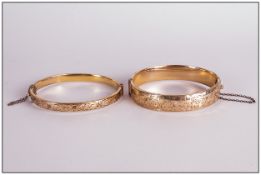 Two Hinged Bangles, Both 1/5th 9ct Gold Metal Core, Floral Engraved Fronts, Odd Dents