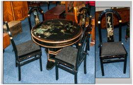 Chinese Style Black Lacquered Table, Circular Top With Floral Decoration, Raised On A Hexagonal