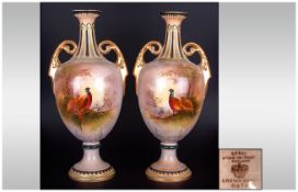 Pair of Hand Painted and Signed Crown Devon Two Handled Vases, In The Royal Worcester Style '