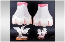 Pair Of Decorative Table Lamps Bases with figures of Doves. Cream & Pink Shades. Each 27'' in