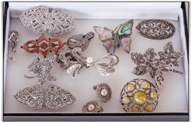 A Good Collection of Vintage Silver and White Metal Brooches, Set with Marcasite, Pearls and