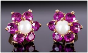 Ladies - Boxed Pair of 9ct Gold Set Ruby and Pearl Earrings. Marked 375. Excellent Condition.