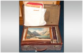 Early 20thC Leather Suitcase Containing 2 Smaller Suitcases, Travelling Set, Old Shavers & Framed