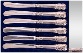Edwardian Boxed Set of Six Silver Handle Butter Knives. Hallmark Sheffield 1911. Makers Marks WD -