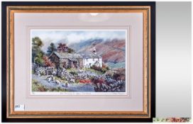 Judy Boyes Framed Limited Edition Coloured Print. Mounted and behind glass. Titled 'Hill Farming