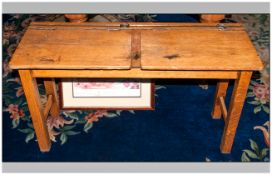 Vintage Light Oak Twin School Desk with a Double Lift Up Top and Apertures for Inkwells +