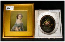 20thC Still Life Miniature depicting floral bouquet, piano key frame. Together with a portrait