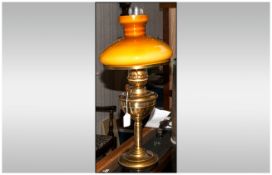 Edwardian Brass Table Oil Lamp With Twin Wicks, Glass Shade And Clear Glass Lantern. 21 Inches High