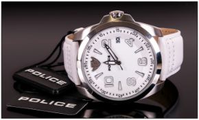 Police Watch 10 ATM water resistant model number (12157J) White face and strap.  Good condition