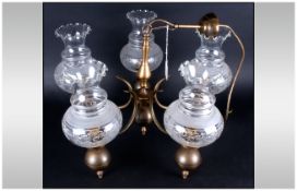 Victorian Brass Five Branch Ceiling Light with five partially frosted glass shades. 19'' in