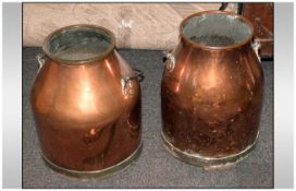 Pair Of Antique Copper Milking Chuns with iron loop handles. 16'' in height,
