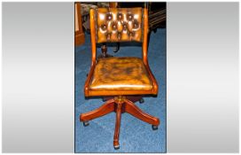 Brown Leather Swivel Desk Chair with a Buttoned Back and Overstuffed Seat, Cherry wood Bleached