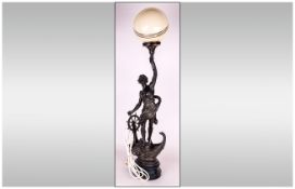 French Late 19th Century Figural Spelter Table Lamp, Titled to Base - Le Commerge. Stands 34