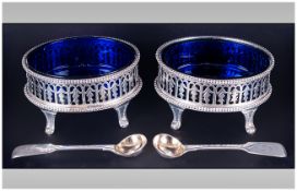 Victorian Very Fine Pair of Silver Salts, Complete with Blue Liners and Spoons. Hallmark