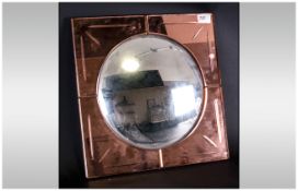 1950's Convex Circular Mirror with peach coloured glass border 15 by 16 inches