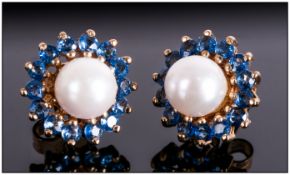 A Ladies Pair of 9ct Gold Sapphire and Pearl Earrings. Flower head Setting, Fully Hallmarked.