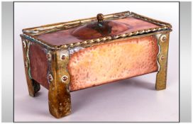 Arts And Crafts Copper Casket Hinged Lid With Riveted Brass Supports And Hinge, Rope Twist Edge.