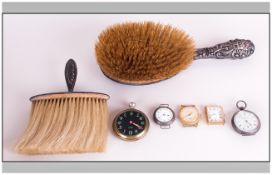 Mixed Lot Comprising A Silver Backed Brush, Crumb Brush, Silver Fob Watch etc