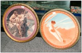 Two Art Nouveau Style Circular Coloured Prints. Gilt Circular Frames. 22'' in diameter.