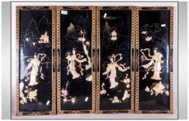 Four Oriental Lacquered Panels highlighted in carved mother of pearl, depicting traditional