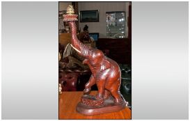 Carved Teak Wood Indian Elephant, made into a table lamp in the 1920's 1930's. Its trunk is