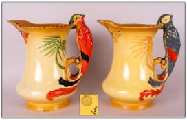 Burleigh - Ware 1930's Hand Painted Parrot Handle Jugs ( 2 ) In Total. Yellow Colour way, Each Jug 8