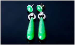 Art Deco Style Jadeite Stone Drop Earrings, Rich Green Colour, White Gold Mounted Polished Oval