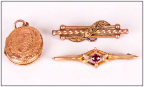 A Small Collection of Antique 9ct Gold Jewellery, Comprises 2 Brooches and 1 Locket. All Pieces