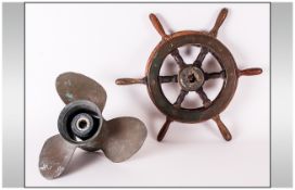 Antique Small Ships Wheel teak with brass fittings. 12'' in diameter. With a bronze propeller screw.