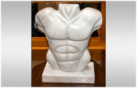 Italian White Marble Sculpture, In The Form Of A Male Torso. Height 14 Inches