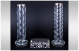 An Edwardian Pair of Silver Banded Glass Tulip Vases. Hallmark Birmingham 1904. Heights 8 Inches + A