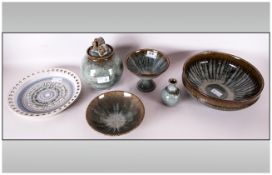 Collection Of Studio Pottery Including Pedestal Bowl, Lidded Vase, Large Bowl, Plate, Plus one