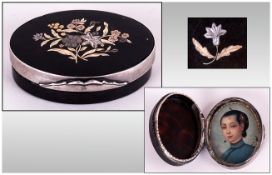 Oriental Interest, Early 19thC French Tortoise Shell Pill/Patch Box The Hinged Top Inlaid With