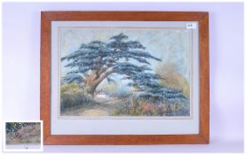 Margaret Rey Framed Pastel. Woodland Setting with an over hanging tree. Farmyard buildings in the