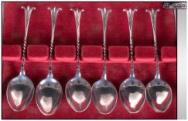 Art Nouveau Boxed Set Of Six Teaspoons Hallmark Birmingham 1913. All pieces are in good condition.